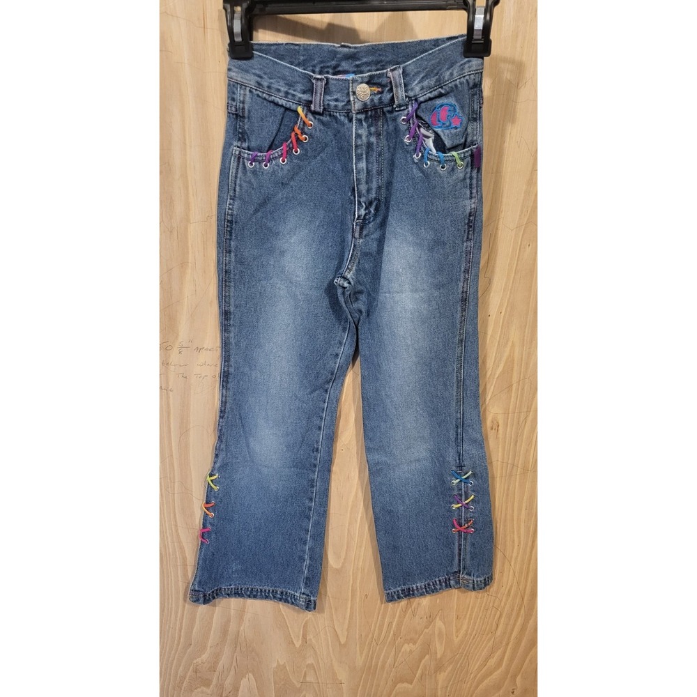 Lisa Frank Vintage Girls Jeans Size 8 Rainbow Lace Up Denim Blue Straight Leg